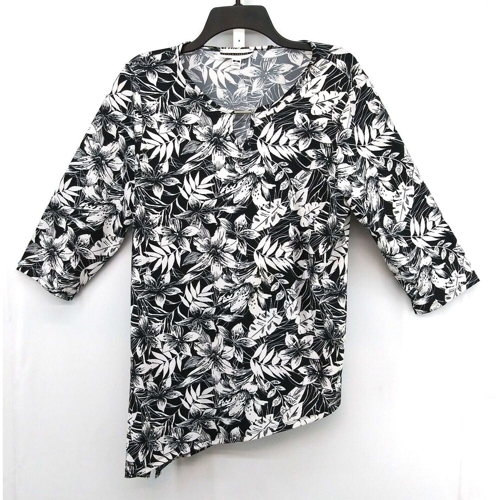 Jules & Leopold Blouse Womens Size S Black White Tropical Floral Keyhole Neck